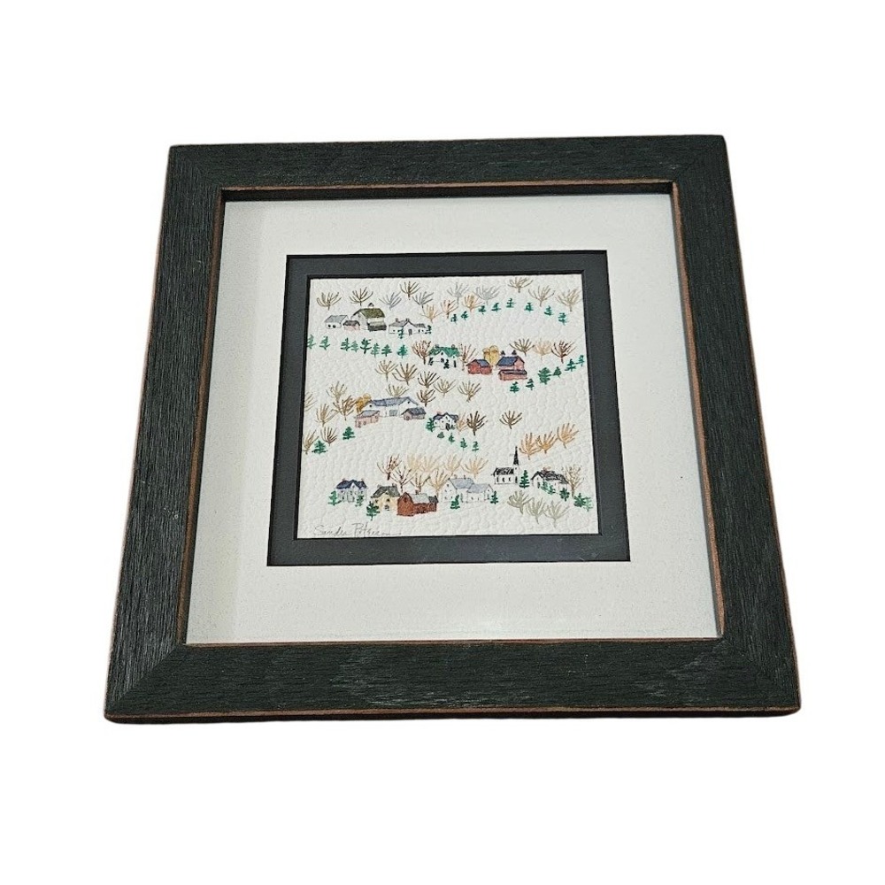 Sandra Peterson County Folk Art Paper Collage Framed Winter Village Wall Hanging